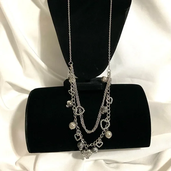 SilverTone Acrylic Heart Charms Necklace - Picture 2 of 5